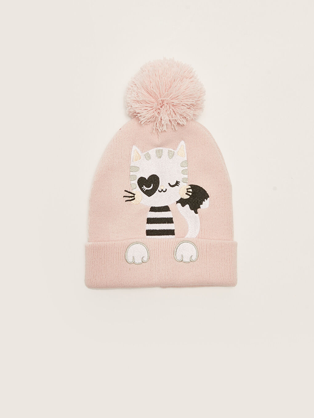 Pembe Nakışlı Ponponlu Kız Çocuk Triko Bere