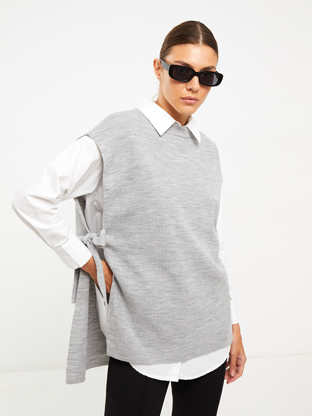 Gri Kadın Bisiklet Yaka Düz Triko Süveter