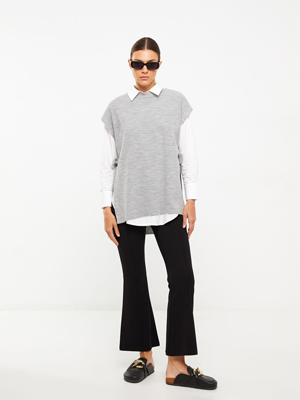 Gri Kadın Bisiklet Yaka Düz Triko Süveter-1