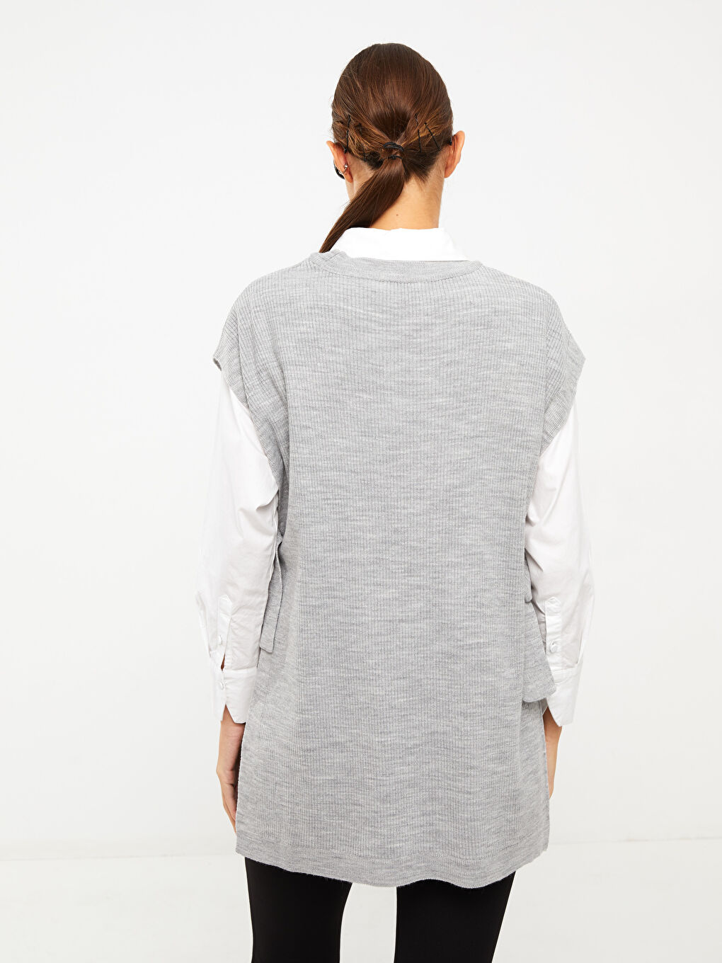 Gri Kadın Bisiklet Yaka Düz Triko Süveter-4