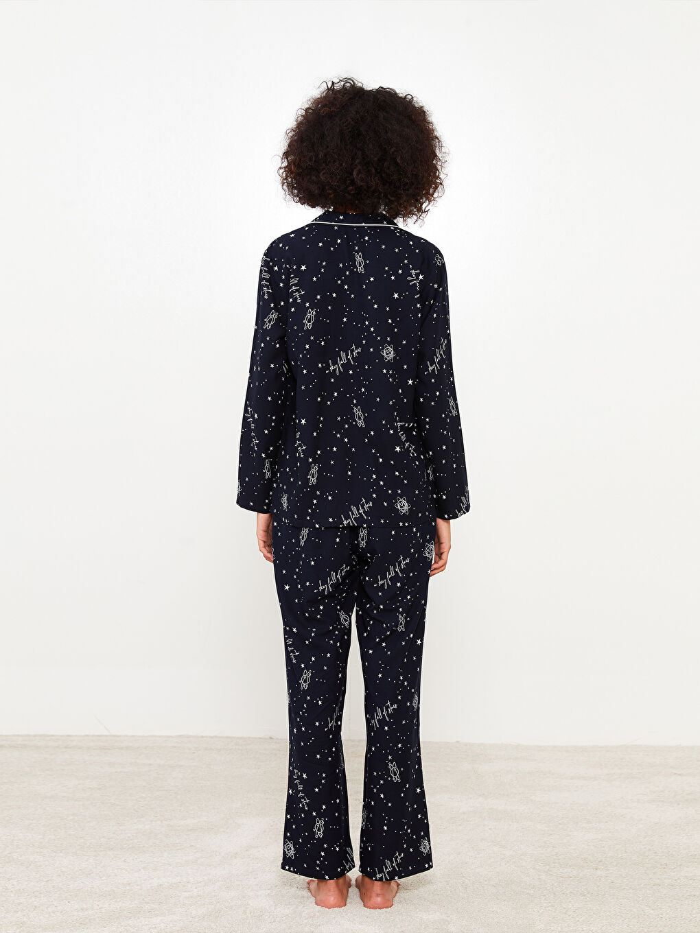 LCW DREAM Lacivert Gömlek Yaka Desenli Uzun Kollu Viskon Kadın Pijama Takımı - 4