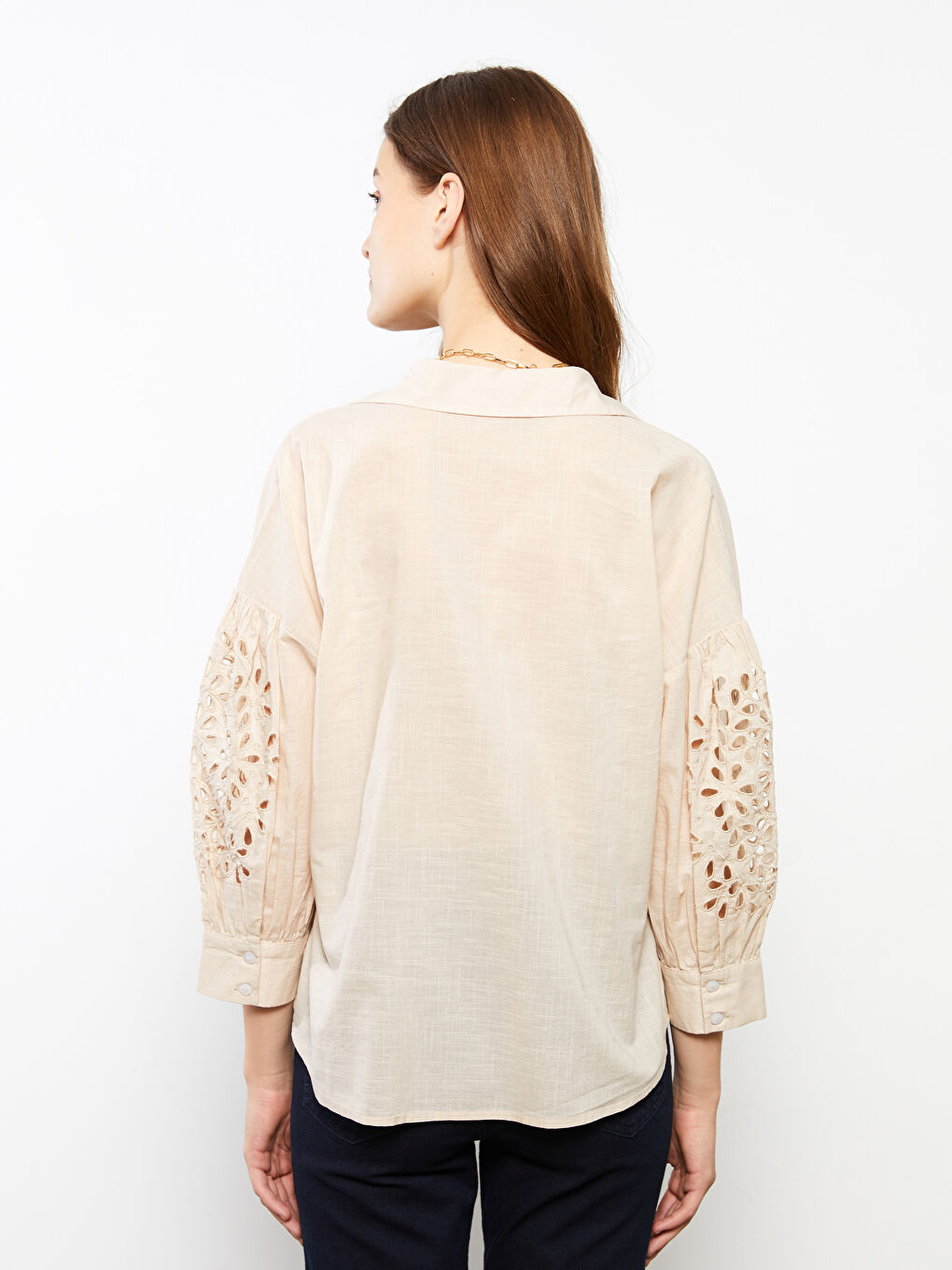 Front Button Closure Embroidered Long Sleeve Cotton Women's Shirt -W24762Z8-FFG