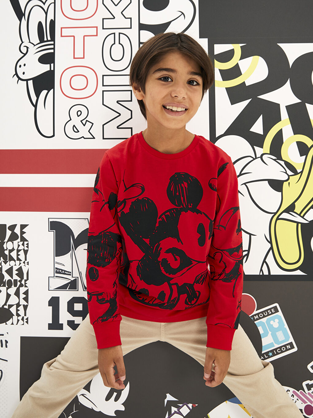 Kırmızı Bisiklet Yaka Mickey Mouse Baskılı Uzun Kollu Erkek Çocuk Tişört-3