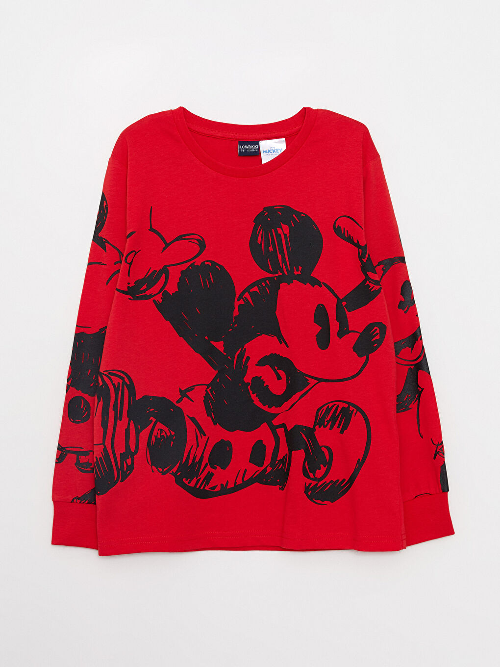 Kırmızı Bisiklet Yaka Mickey Mouse Baskılı Uzun Kollu Erkek Çocuk Tişört-4