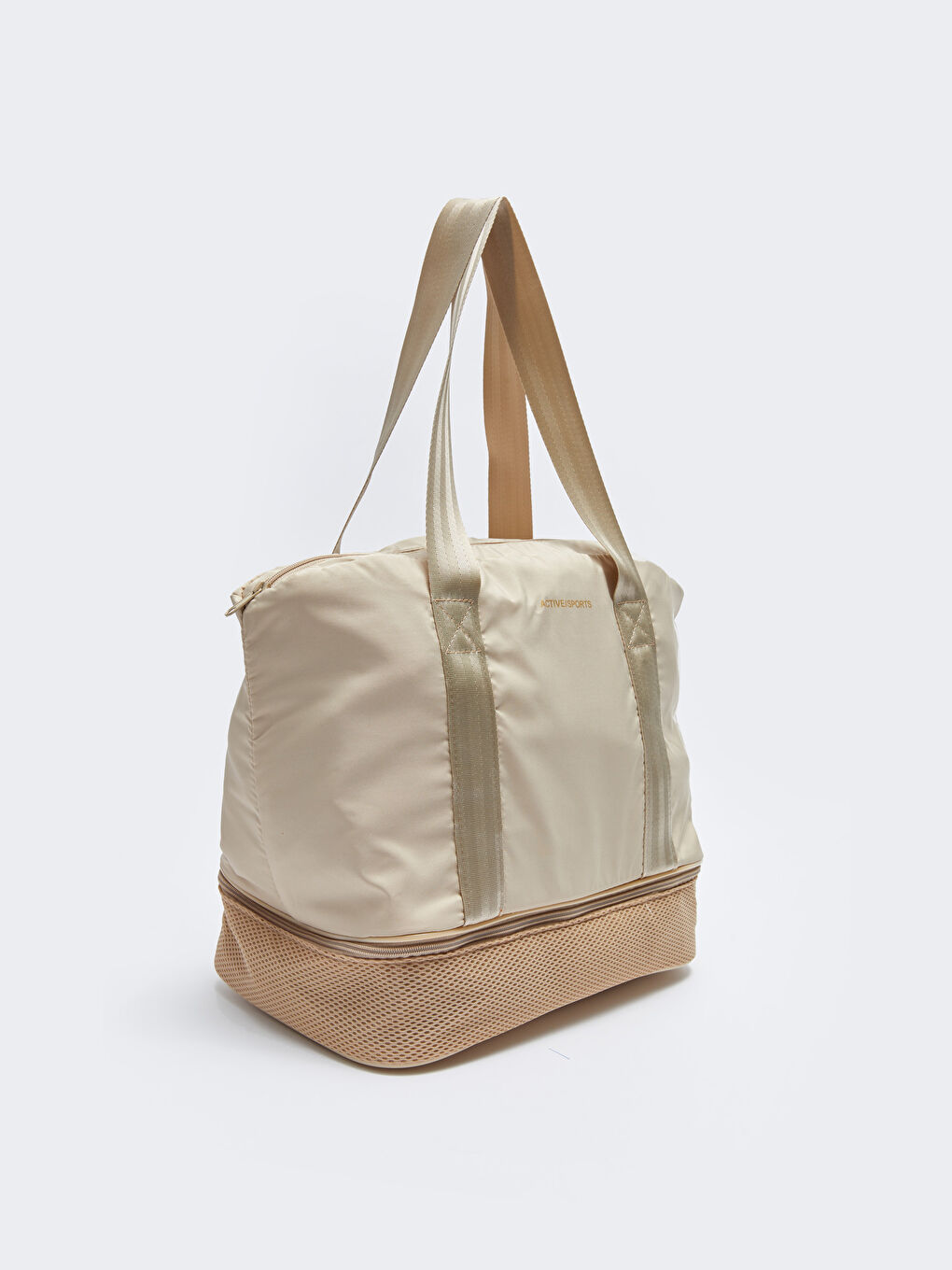 Bej Paraşüt Kumaş Yazı Baskılı Kadın Spor Çantası-4