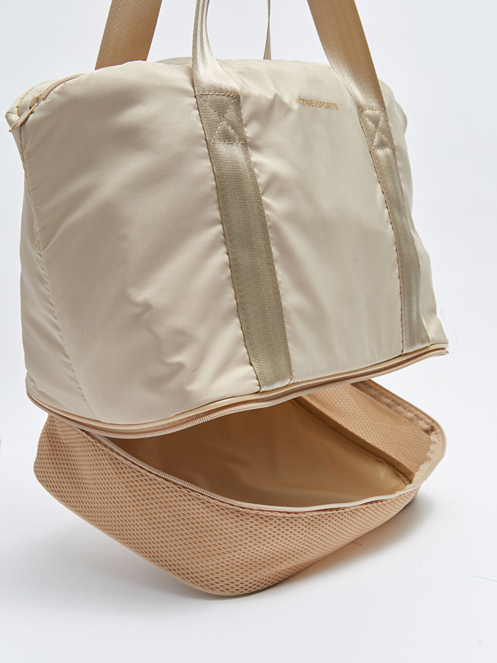 Bej Paraşüt Kumaş Yazı Baskılı Kadın Spor Çantası-6