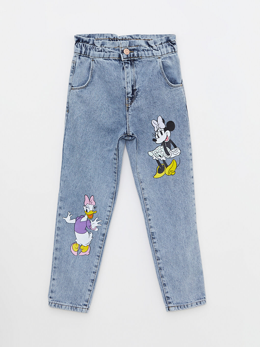 LCW Kids Mavi Beli Lastikli Minnie Mouse ve Daisy Duck Baskılı Kız Çocuk Jean Pantolon