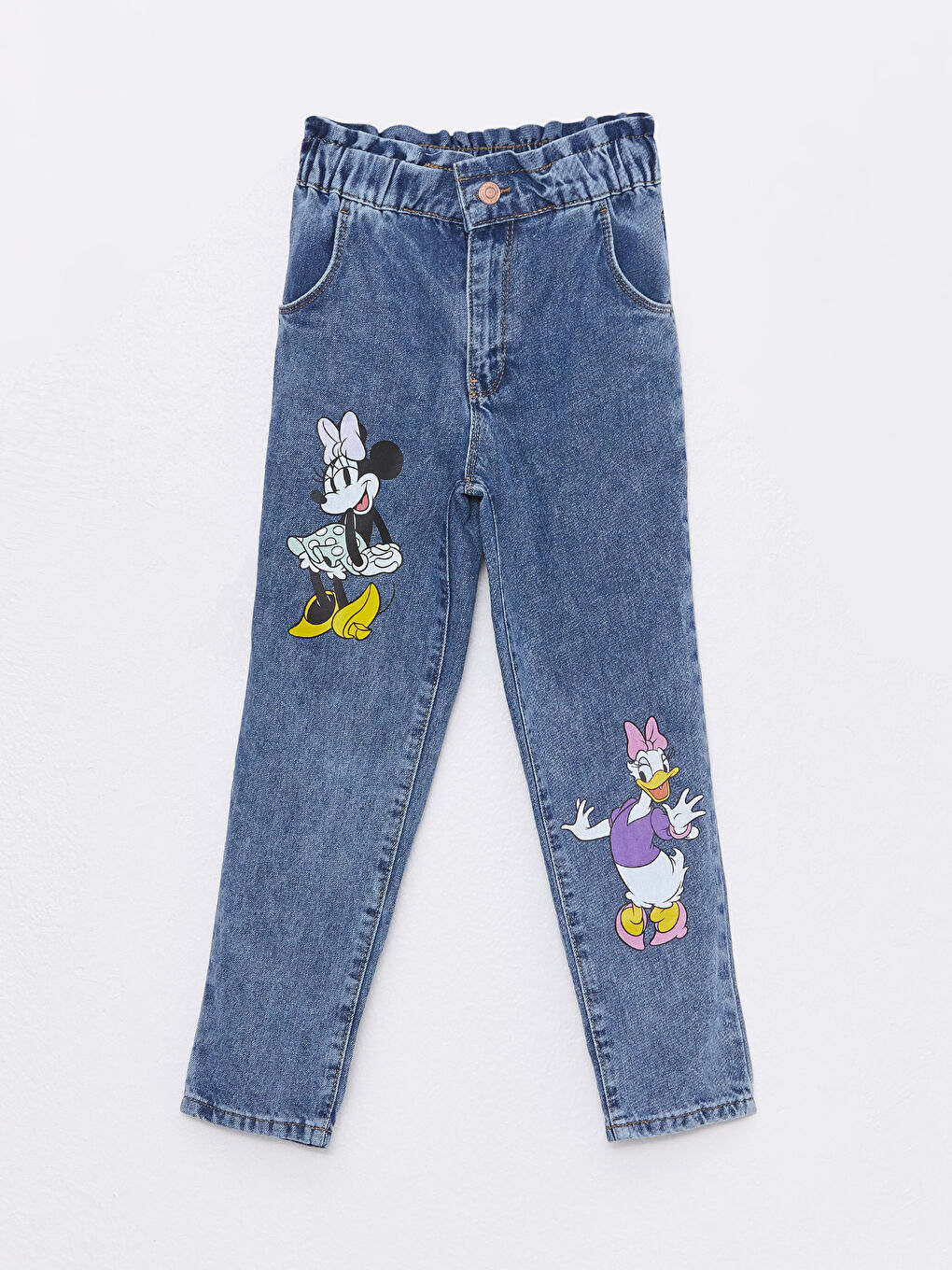 Mavi Beli Lastikli Minnie Mouse ve Daisy Duck Baskılı Kız Çocuk Jean Pantolon