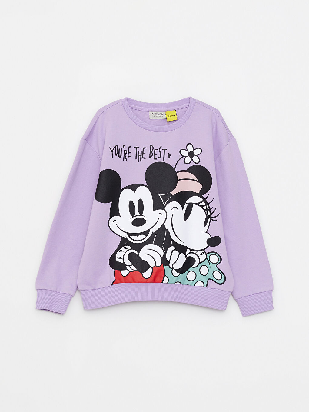 Lila Bisiklet Yaka Minnie ve Mickey Mouse Baskılı Uzun Kollu Kız Çocuk Sweatshirt