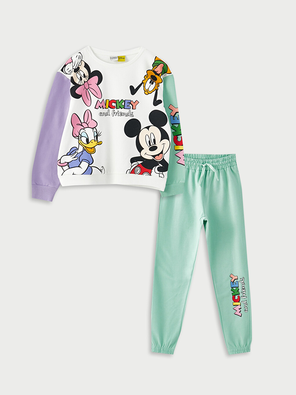 Ekru Bisiklet Yaka Disney Baskılı Uzun Kollu Kız Çocuk Sweatshirt ve Eşofman Altı