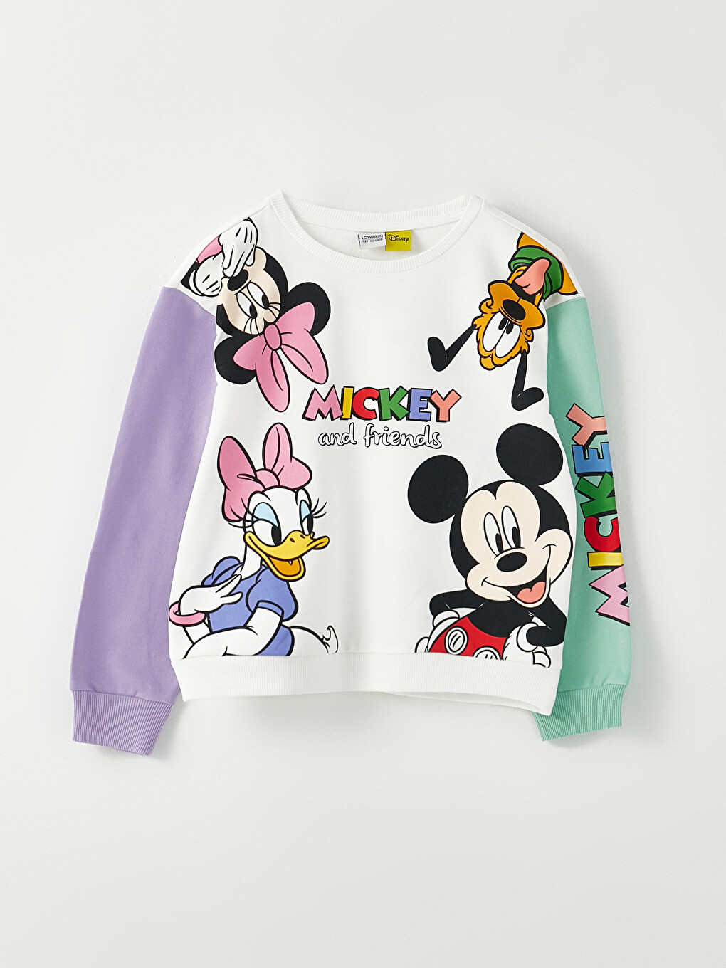 Ekru Bisiklet Yaka Disney Baskılı Uzun Kollu Kız Çocuk Sweatshirt ve Eşofman Altı-1