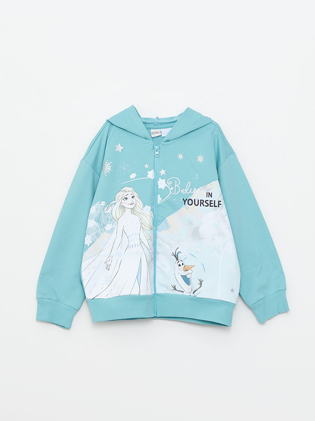 LCW Kids Turkuaz Kapüşonlu Elsa Baskılı Uzun Kollu Kız Çocuk Fermuarlı Sweatshirt