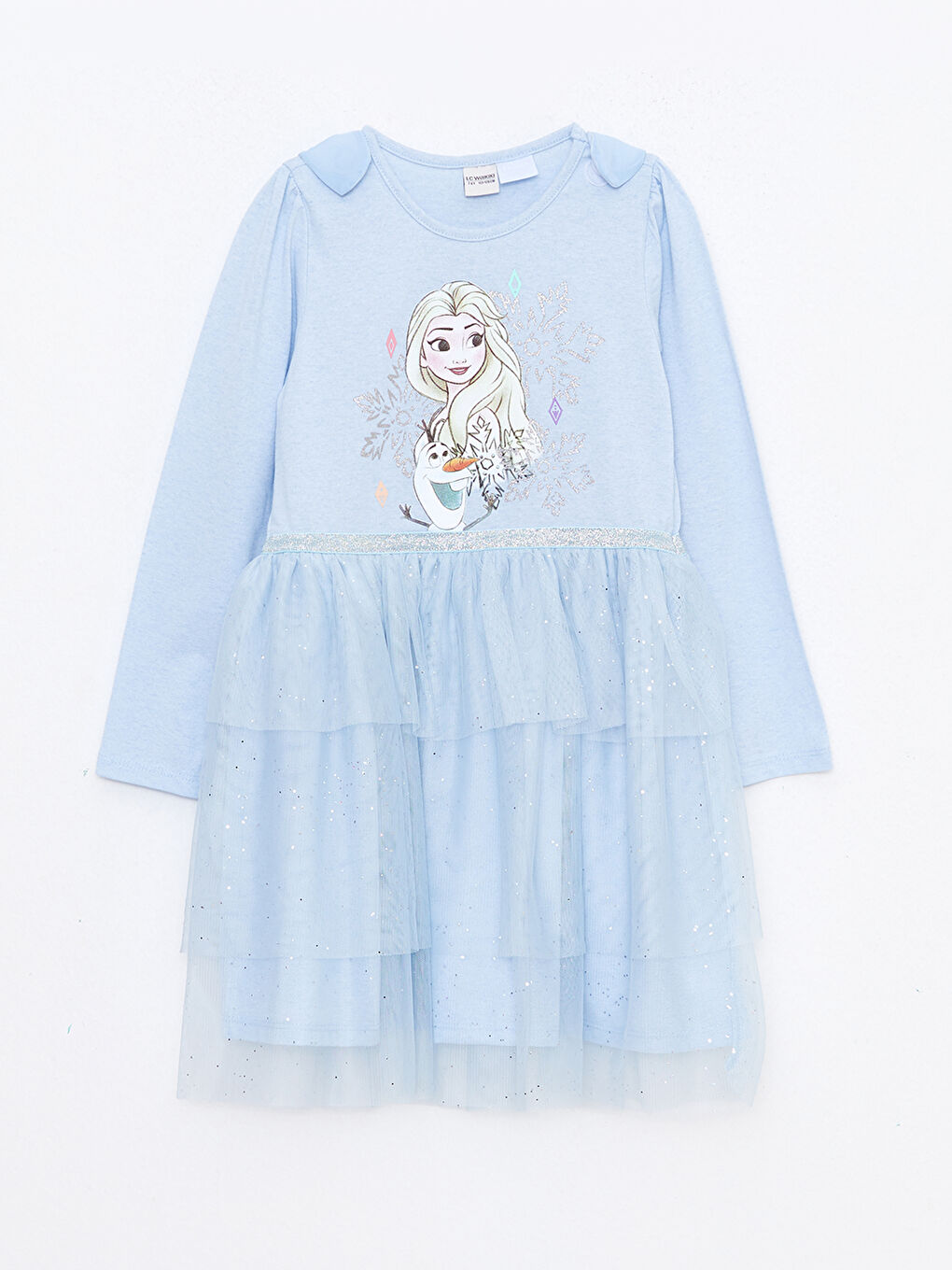 Mavi Bisiklet Yaka Elsa Baskılı Uzun Kollu Kız Çocuk Elbise ve Pelerin