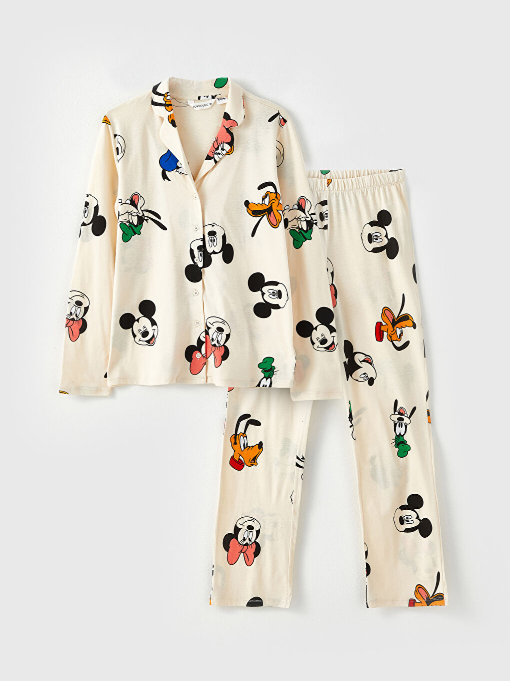 Bej Gömlek Yaka Mickey Mouse Baskılı Uzun Kollu Pamuklu Kadın Pijama Takımı-5