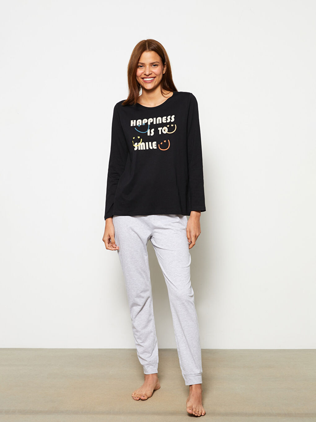 Gri Bisiklet Yaka Baskılı Uzun Kollu Kadın Pijama Takımı