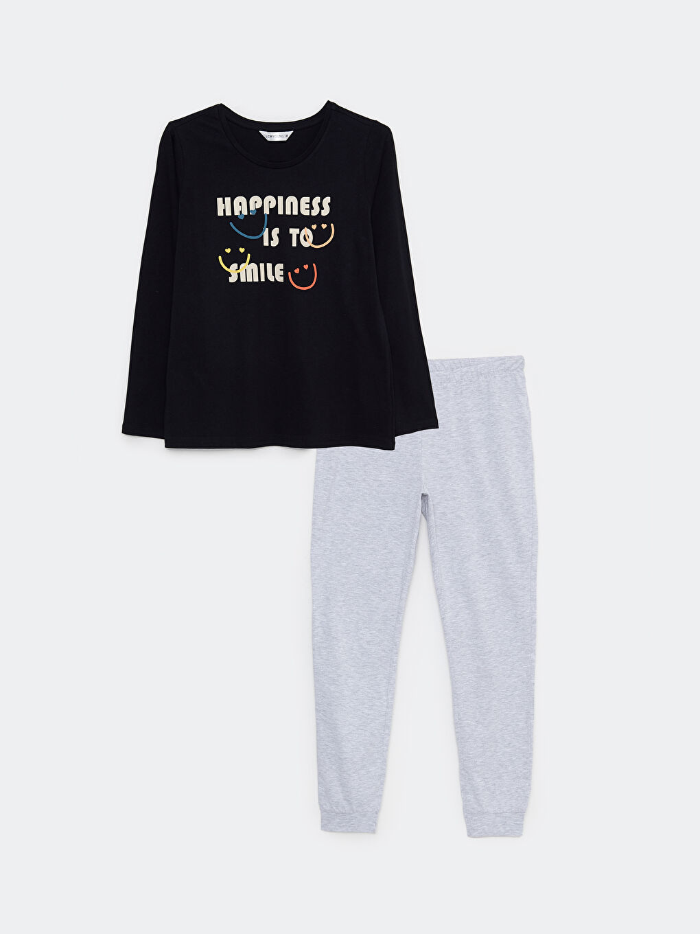 Gri Bisiklet Yaka Baskılı Uzun Kollu Kadın Pijama Takımı-5