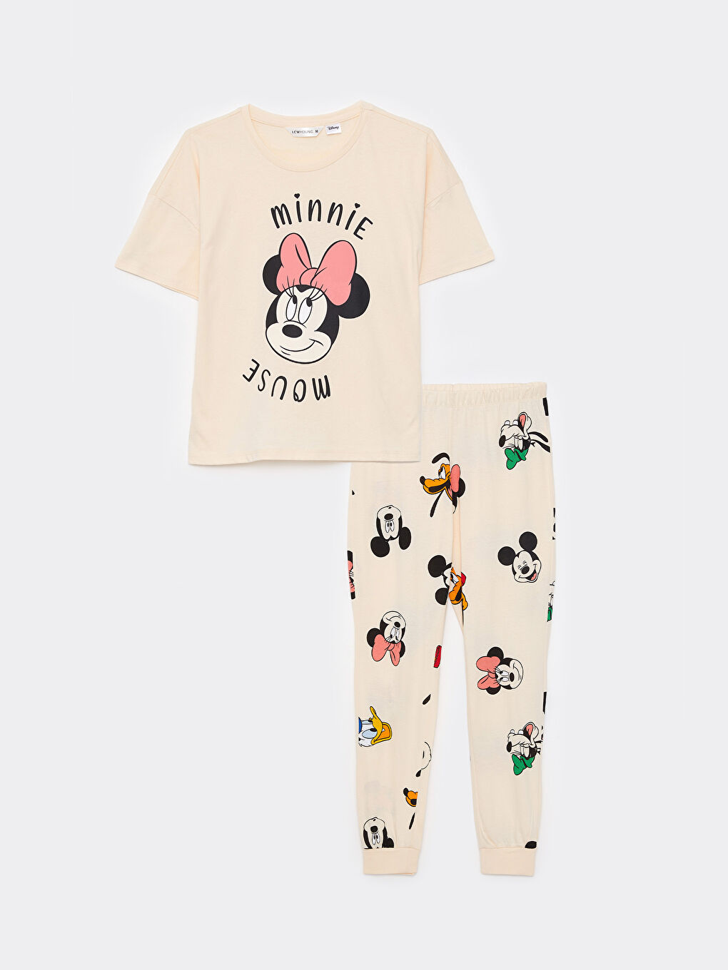 LCW Young Açık Bej Baskılı Bisiklet Yaka Mickey ve Arkadaşları Baskılı Kısa Kollu Kadın Pijama Takımı - 5