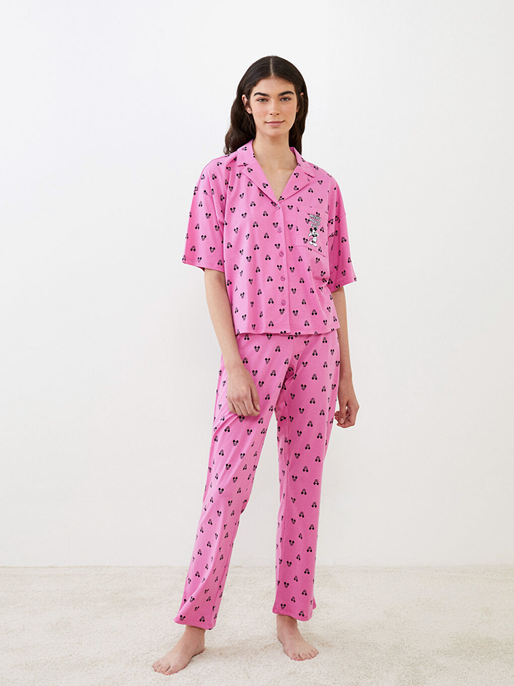 Set de Pijama pentru Femei cu Mânecă Scurtă, Imprimat Mickey Mouse, Guler de Cămașă, din Bumbac