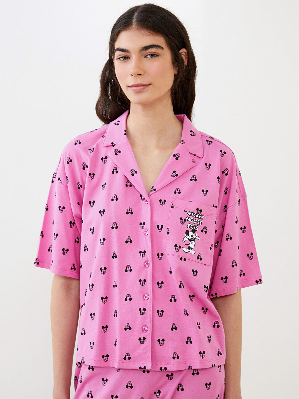 Set de Pijama pentru Femei cu Mânecă Scurtă, Imprimat Mickey Mouse, Guler de Cămașă, din Bumbac-1