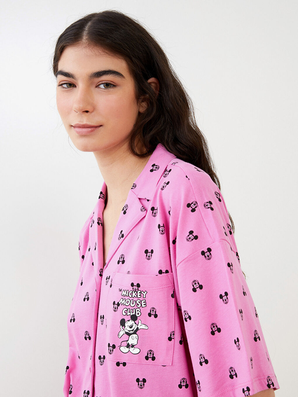 Set de Pijama pentru Femei cu Mânecă Scurtă, Imprimat Mickey Mouse, Guler de Cămașă, din Bumbac-2