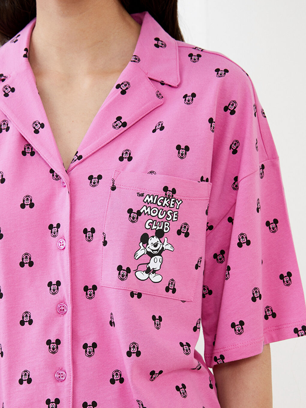 Set de Pijama pentru Femei cu Mânecă Scurtă, Imprimat Mickey Mouse, Guler de Cămașă, din Bumbac-3