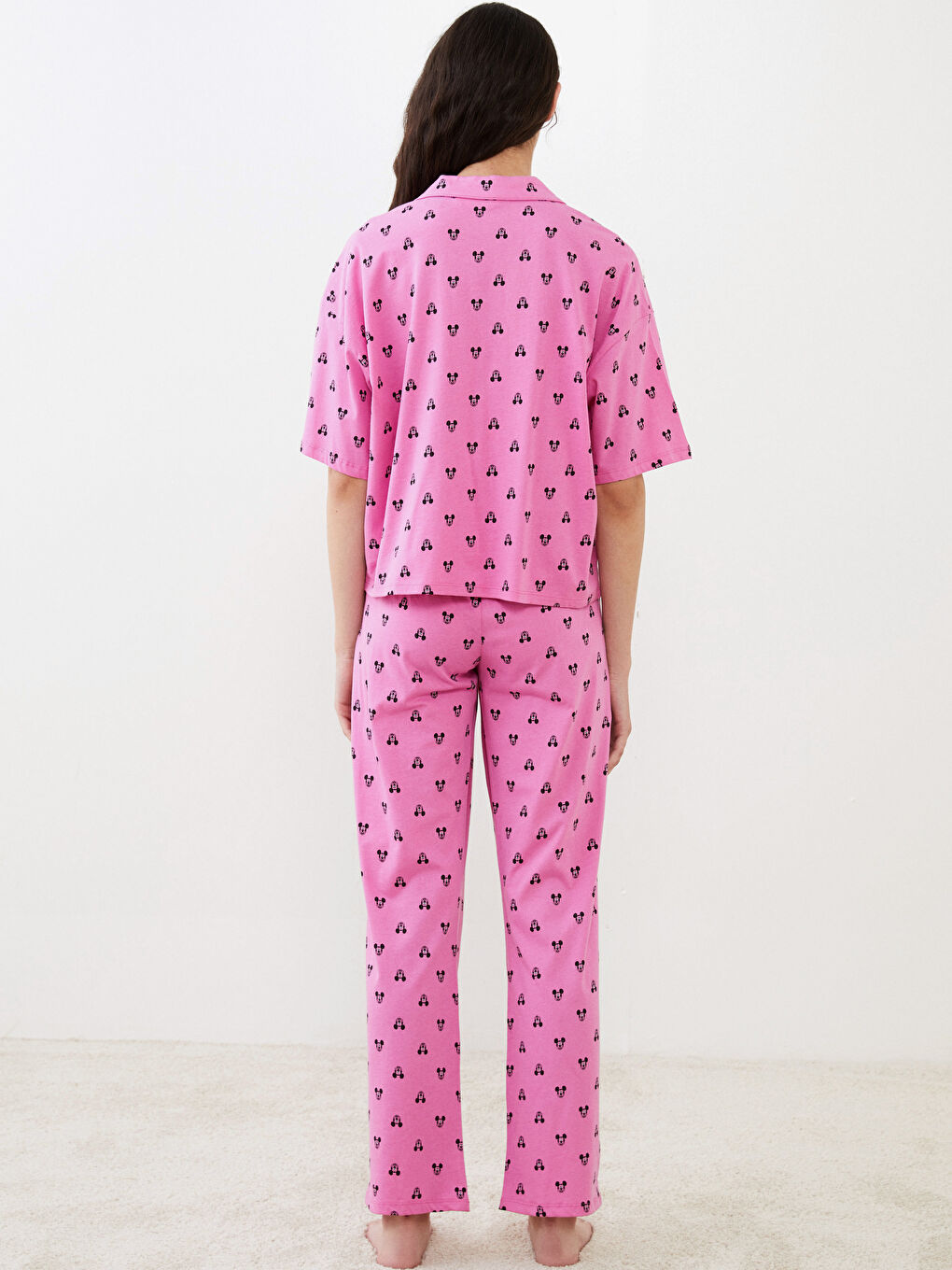 Set de Pijama pentru Femei cu Mânecă Scurtă, Imprimat Mickey Mouse, Guler de Cămașă, din Bumbac-4