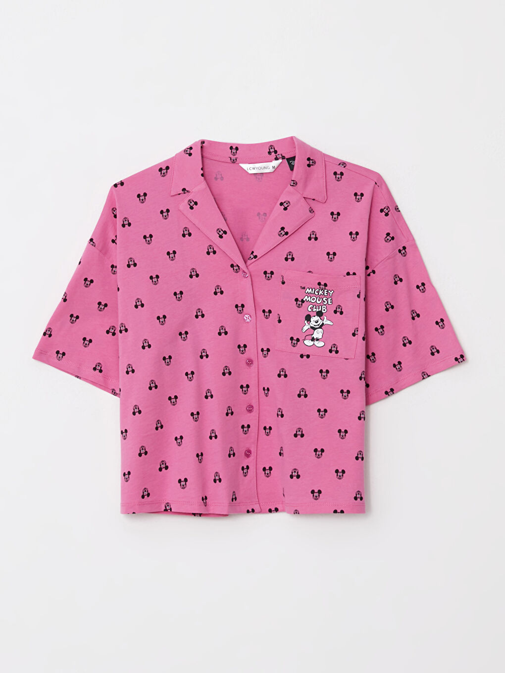 Set de Pijama pentru Femei cu Mânecă Scurtă, Imprimat Mickey Mouse, Guler de Cămașă, din Bumbac-6