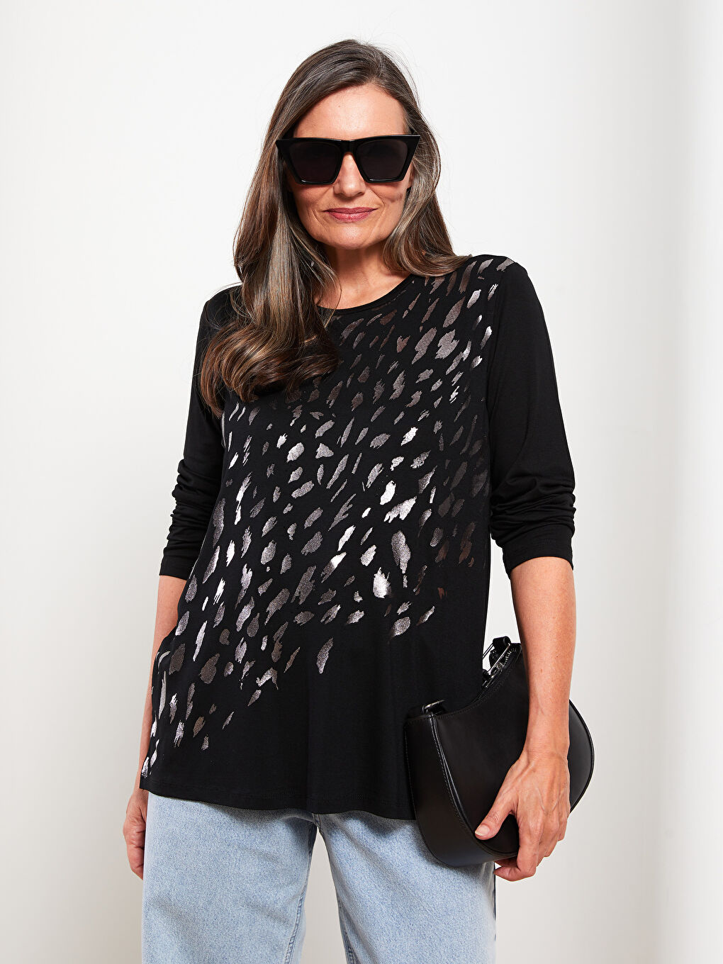 Siyah Bisiklet Yaka Desenli Uzun Kollu Kadın Bluz