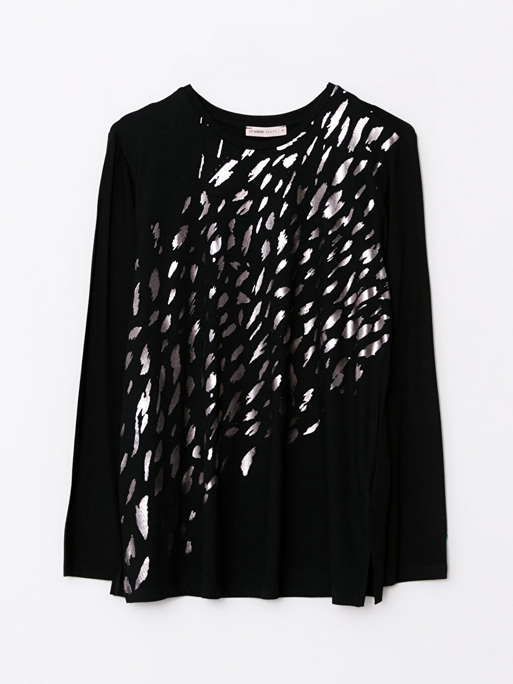 Siyah Bisiklet Yaka Desenli Uzun Kollu Kadın Bluz-5