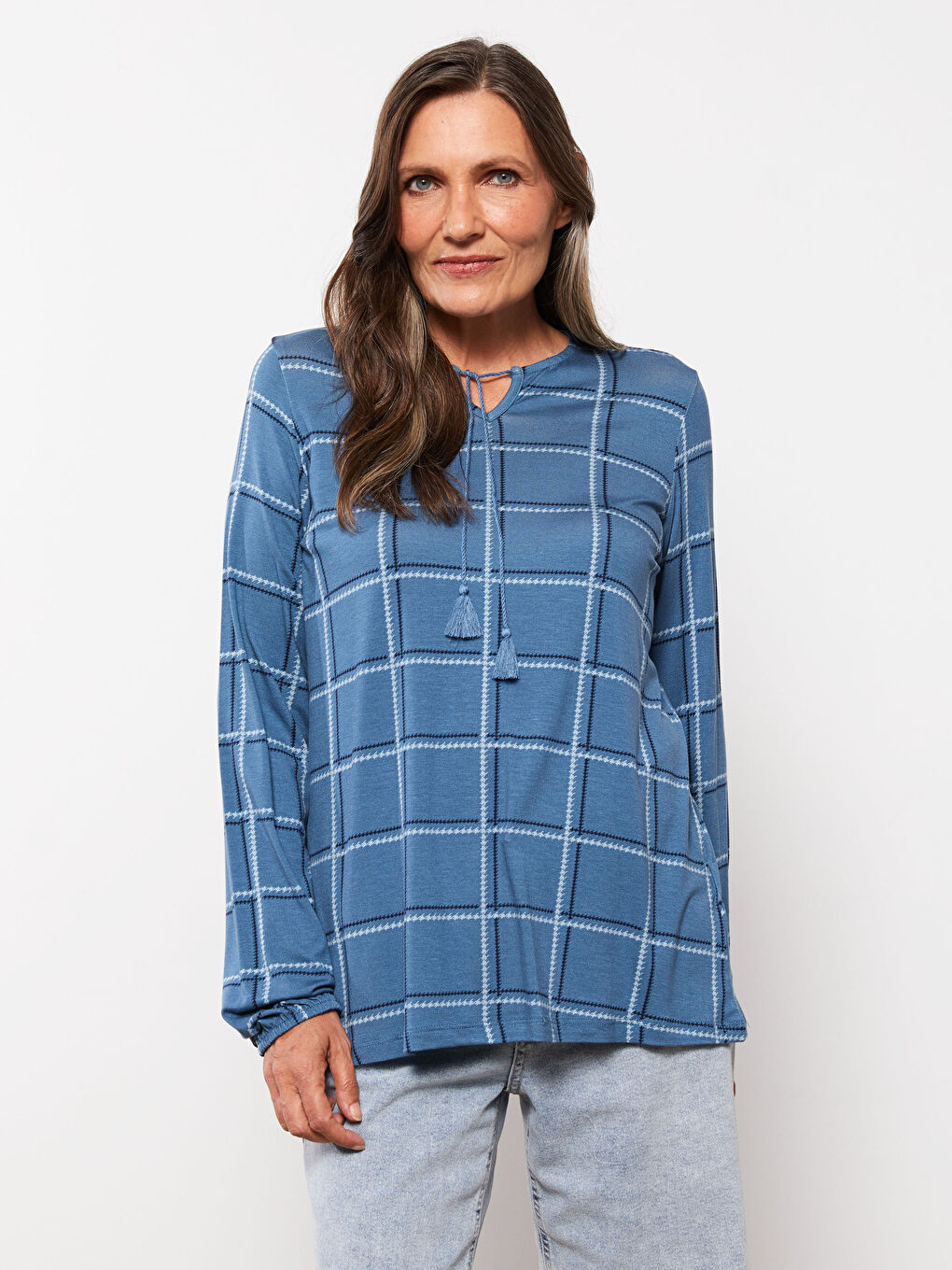 T-shirt pour Femmes à Manches Longues à Col Lavallière Écossais