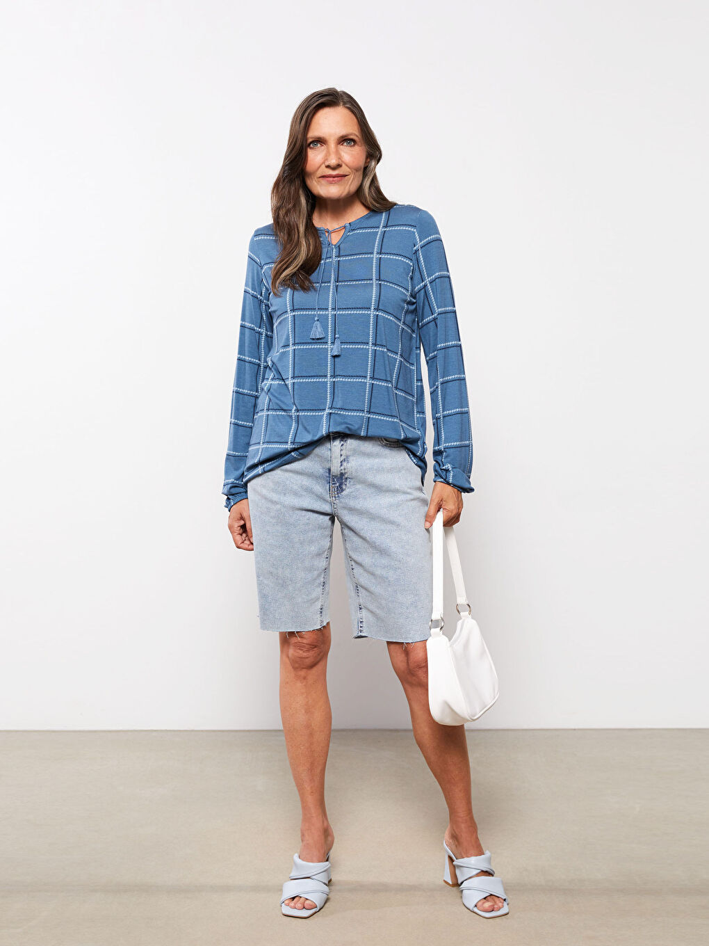 T-shirt pour Femmes à Manches Longues à Col Lavallière Écossais-1