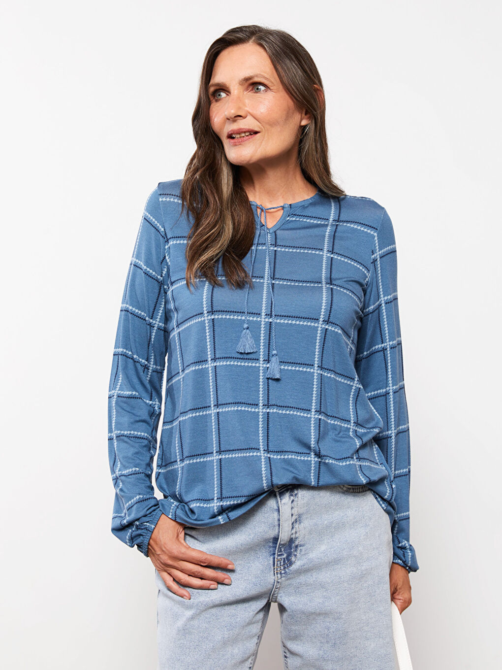 T-shirt pour Femmes à Manches Longues à Col Lavallière Écossais-2