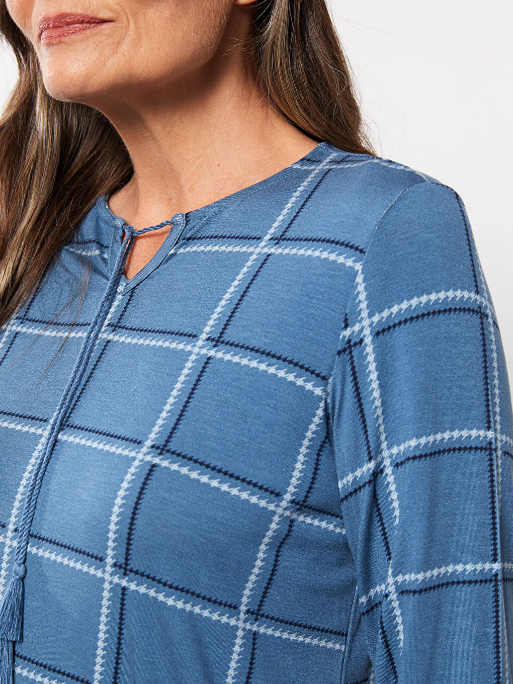 T-shirt pour Femmes à Manches Longues à Col Lavallière Écossais-3