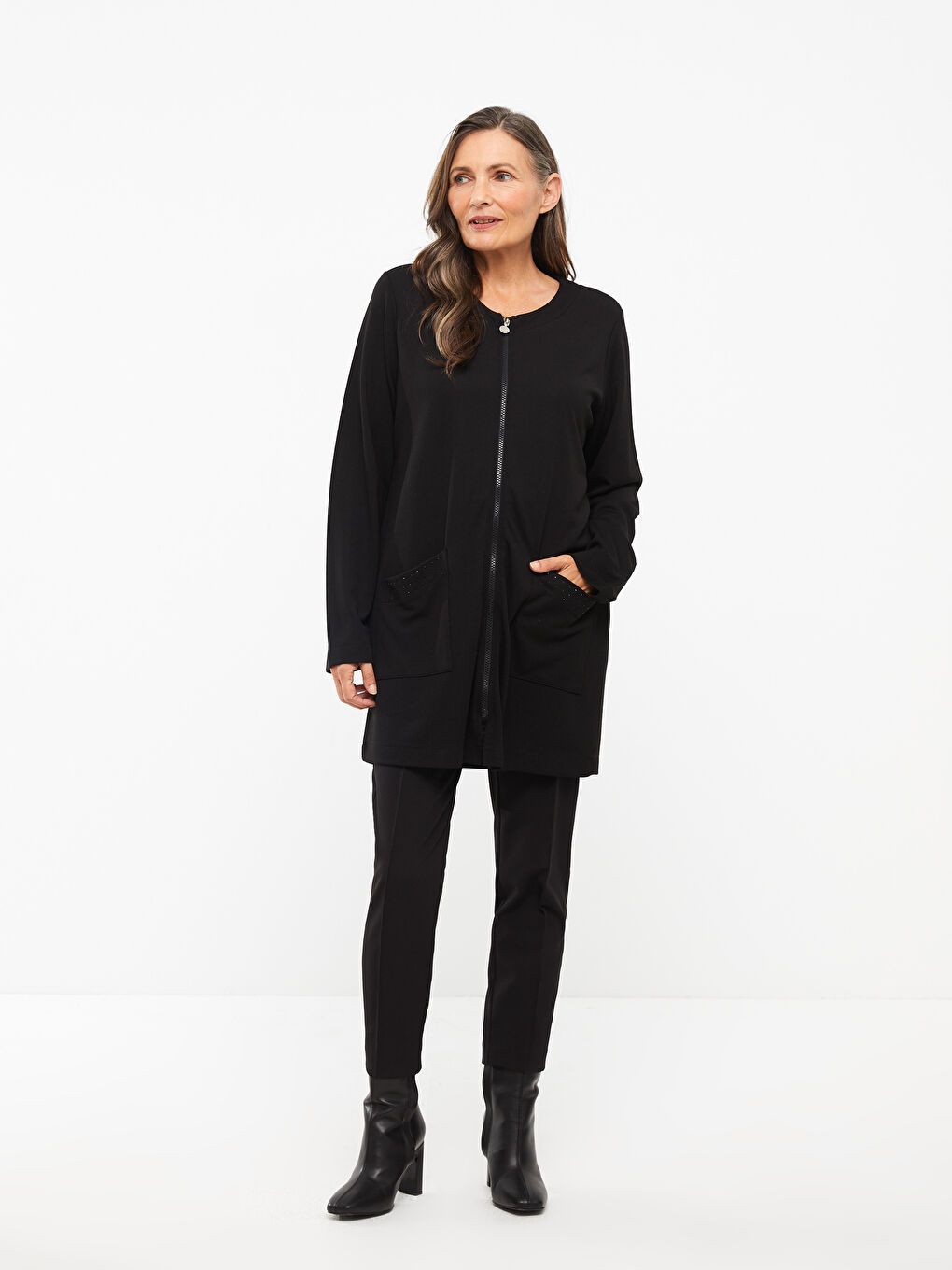 Crew Neck Plain Long Sleeve Women's Cardigan