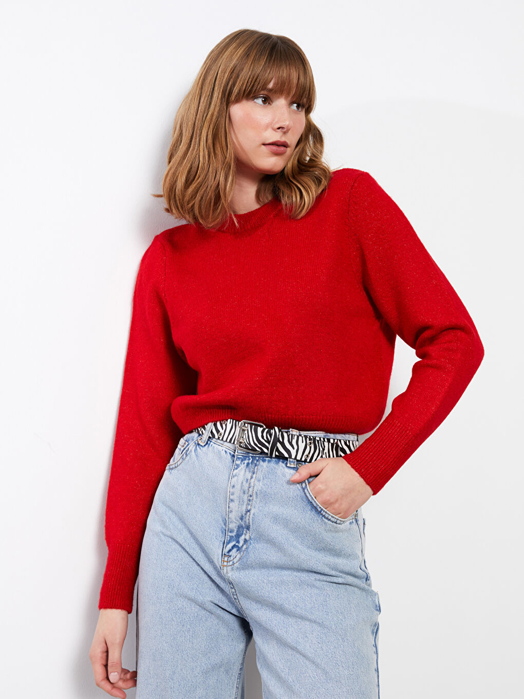 Kırmızı Bisiklet Yaka Düz Uzun Kollu Kadın Triko Kazak