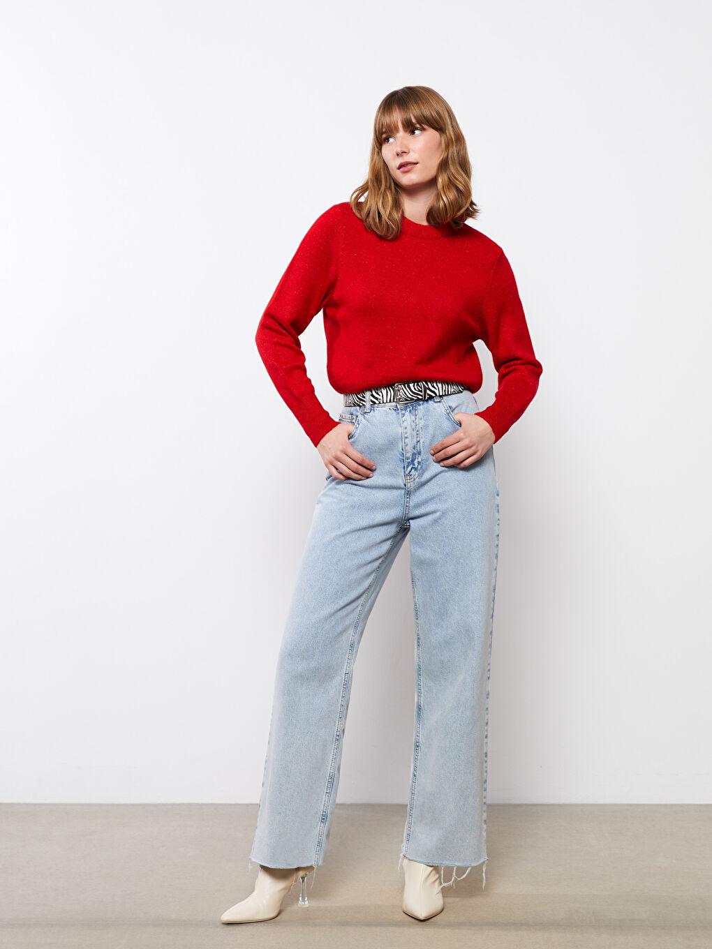 Kırmızı Bisiklet Yaka Düz Uzun Kollu Kadın Triko Kazak-1