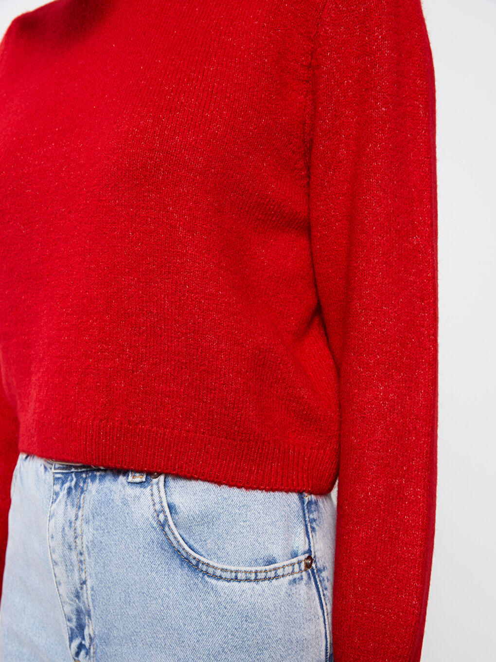 Kırmızı Bisiklet Yaka Düz Uzun Kollu Kadın Triko Kazak-2