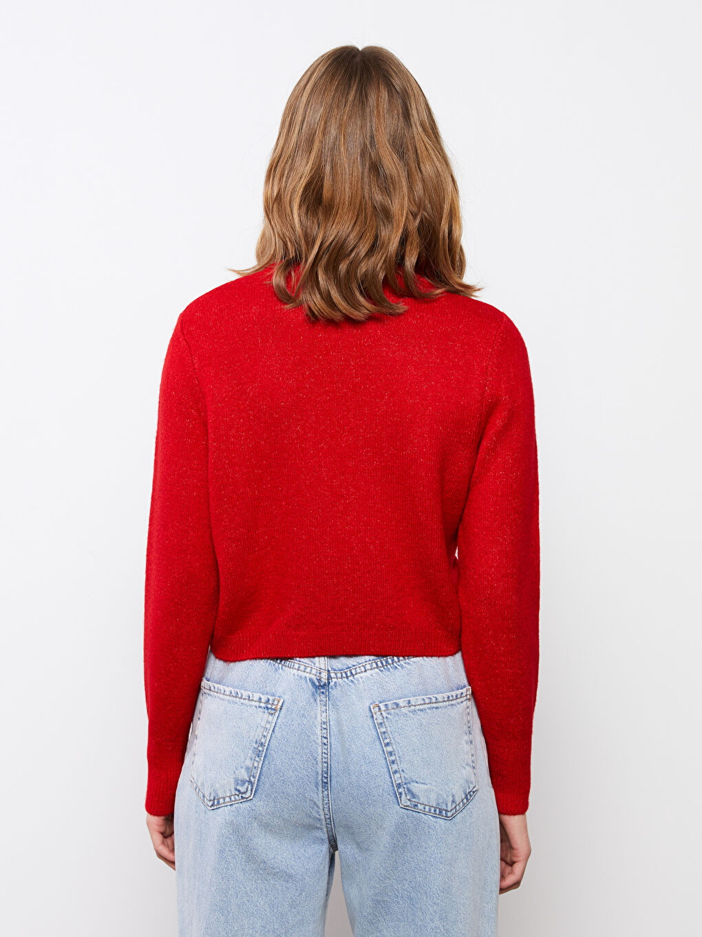Kırmızı Bisiklet Yaka Düz Uzun Kollu Kadın Triko Kazak-3