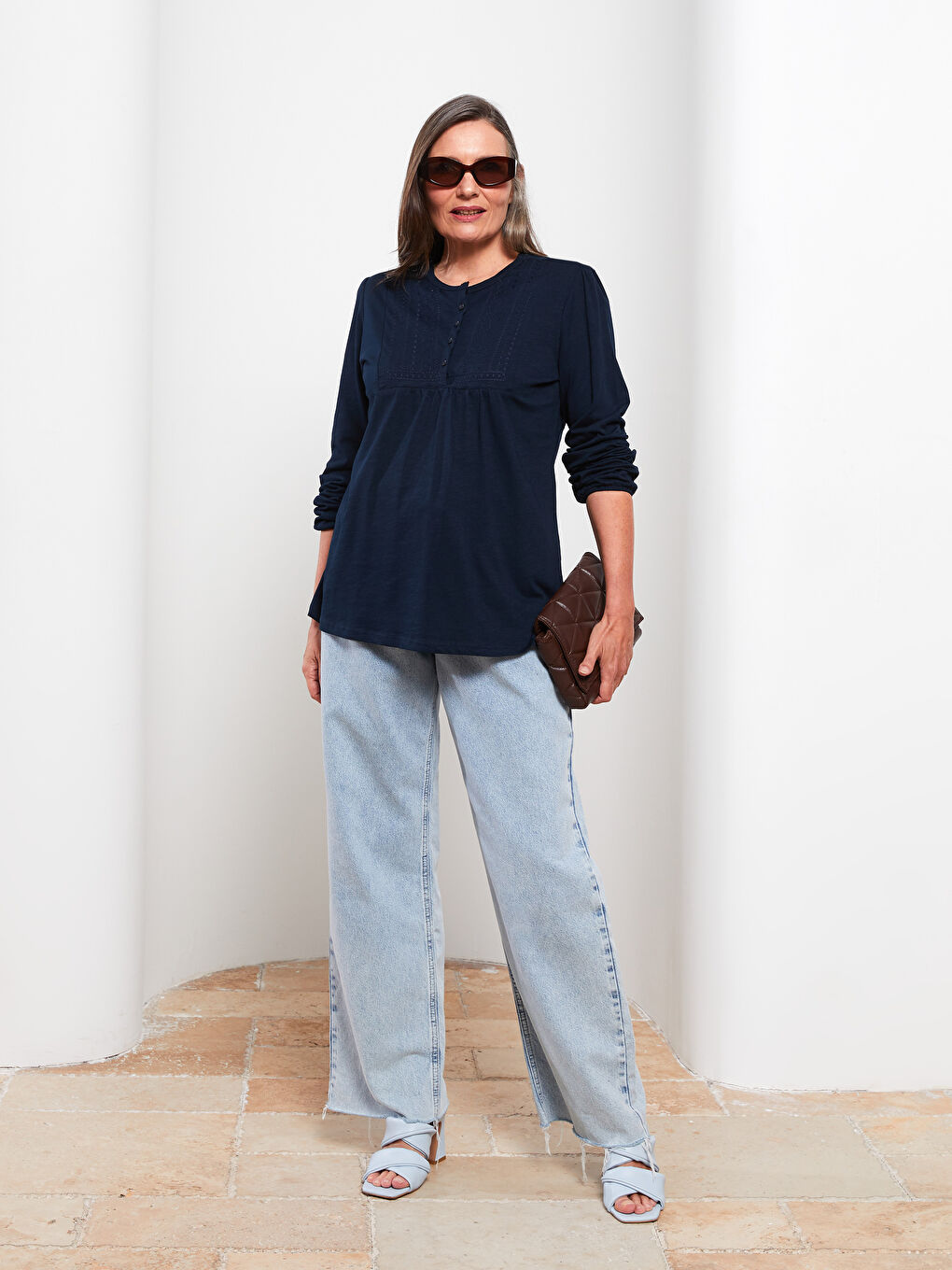 Crew Neck Embroidered Long Sleeve Cotton Women's T-Shirt