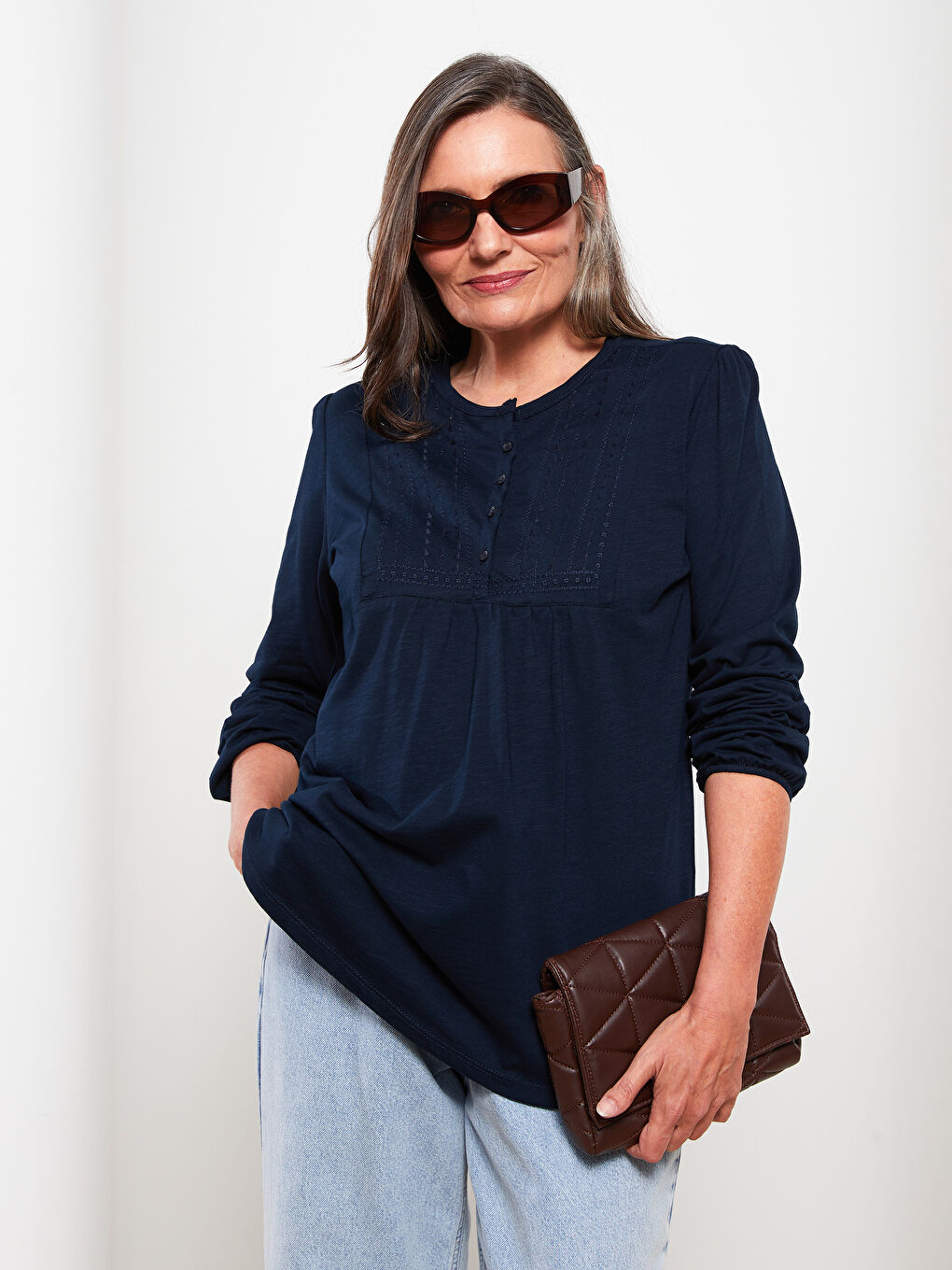 Crew Neck Embroidered Long Sleeve Cotton Women's T-Shirt-1