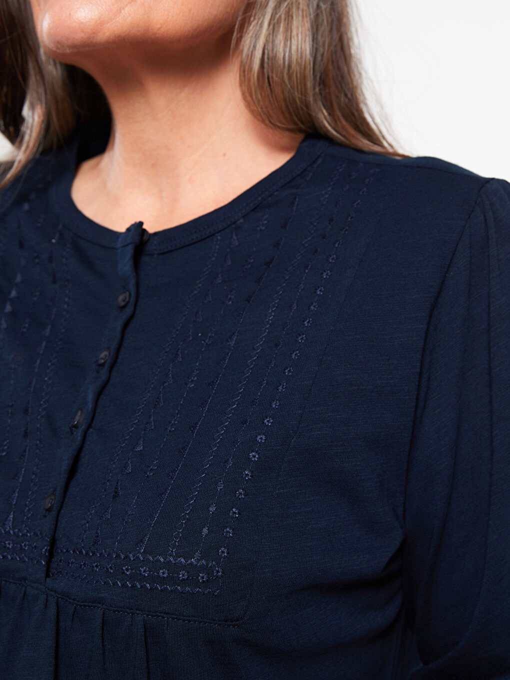 Crew Neck Embroidered Long Sleeve Cotton Women's T-Shirt-2