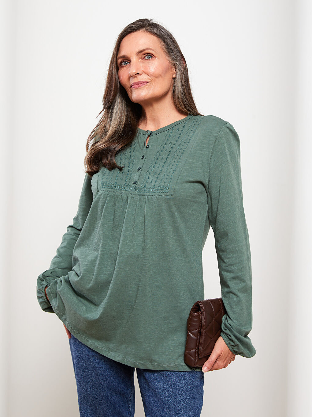 Crew Neck Embroidered Long Sleeve Cotton Women's T-Shirt-1