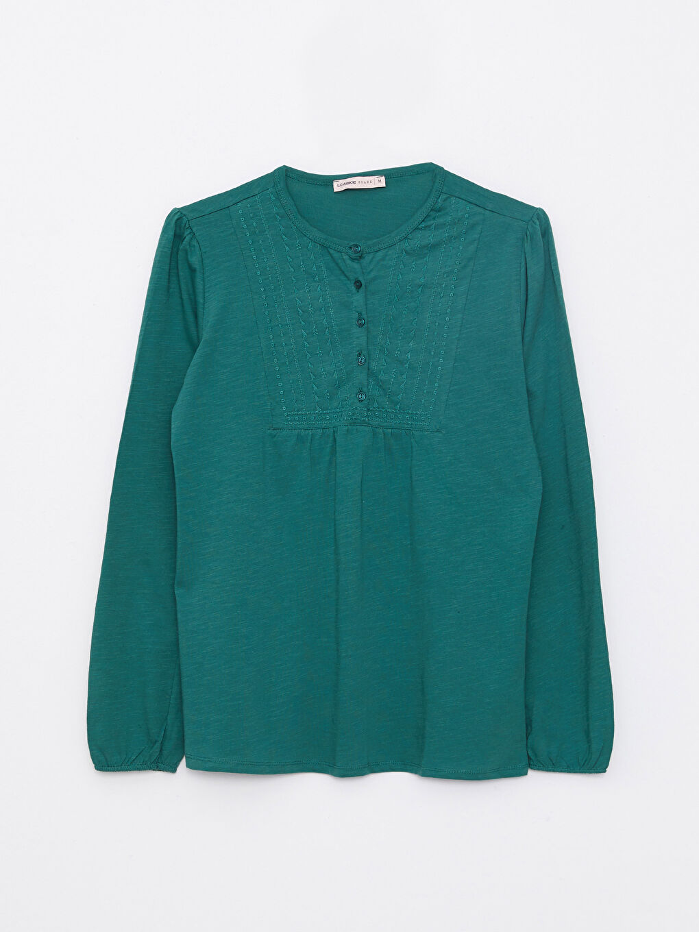 Yeşil Bisiklet Yaka Nakışlı Uzun Kollu Pamuklu Kadın Tişört-5