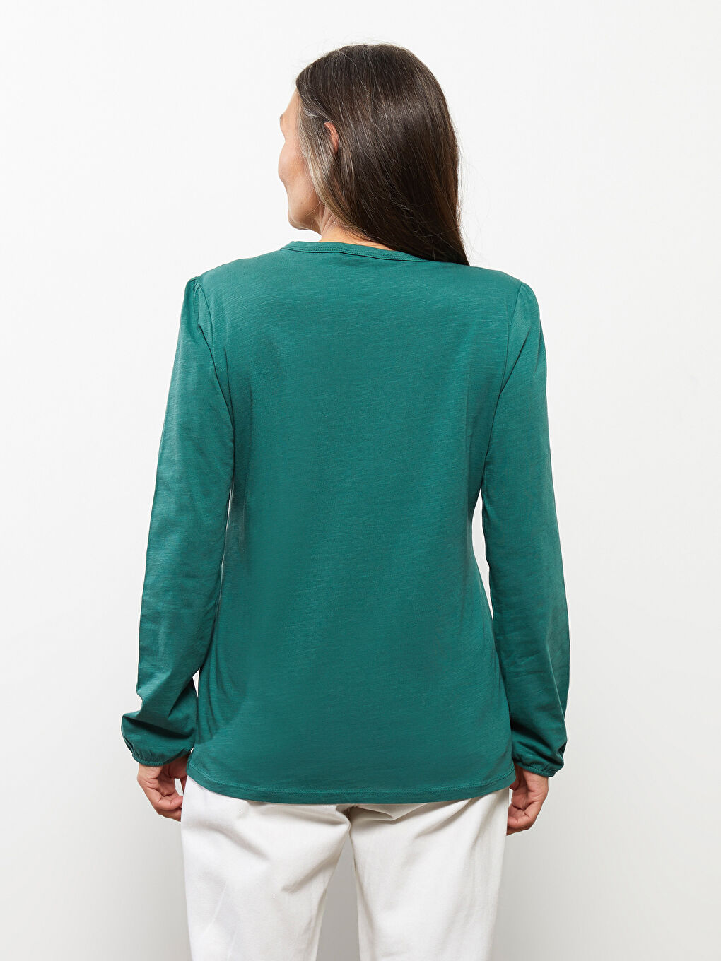 Yeşil Bisiklet Yaka Nakışlı Uzun Kollu Pamuklu Kadın Tişört-4