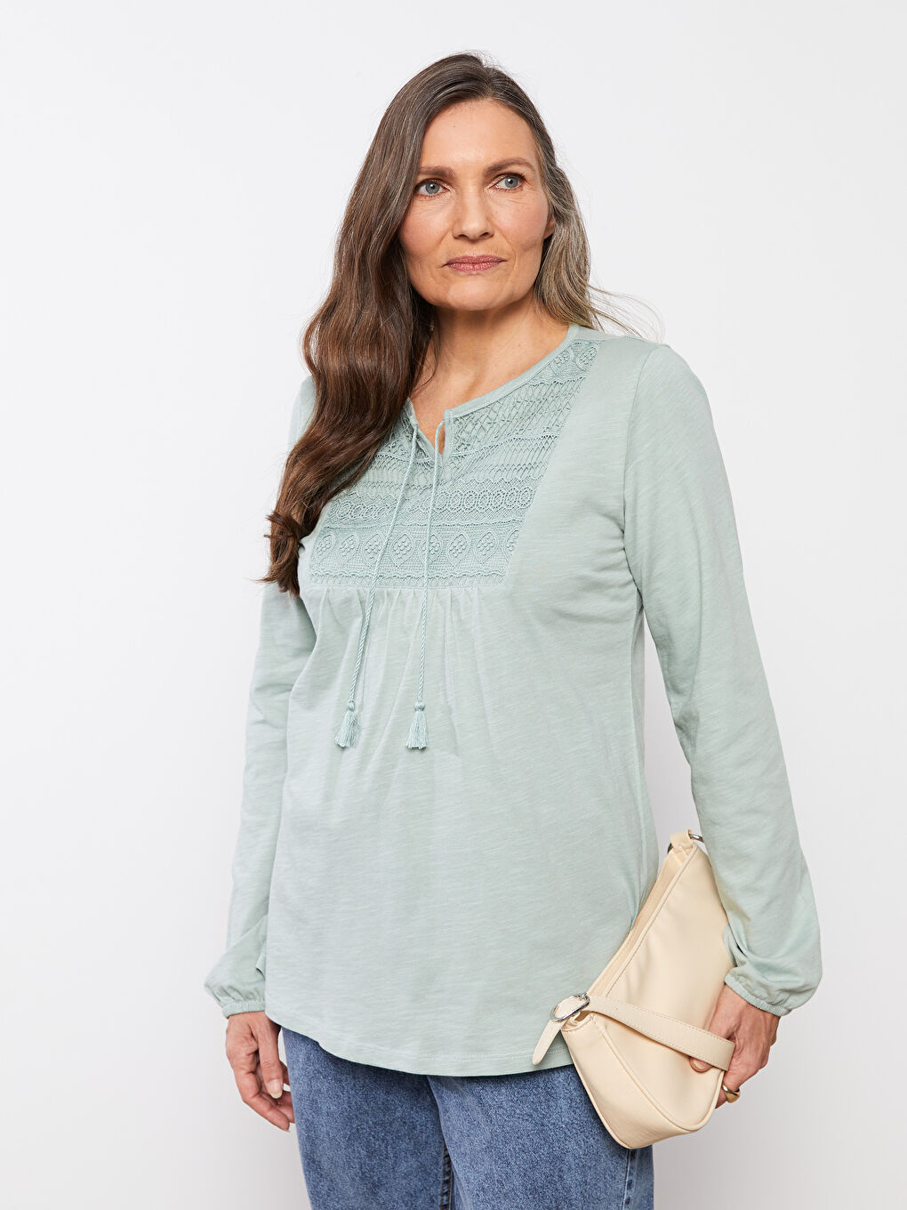 Bluza sa kragnom na vezanje, vezena, dugih rukava za žene-1