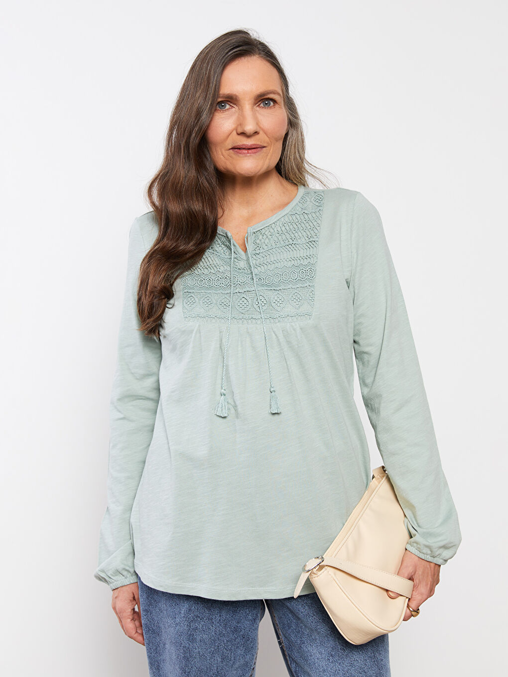 Bluza sa kragnom na vezanje, vezena, dugih rukava za žene-2