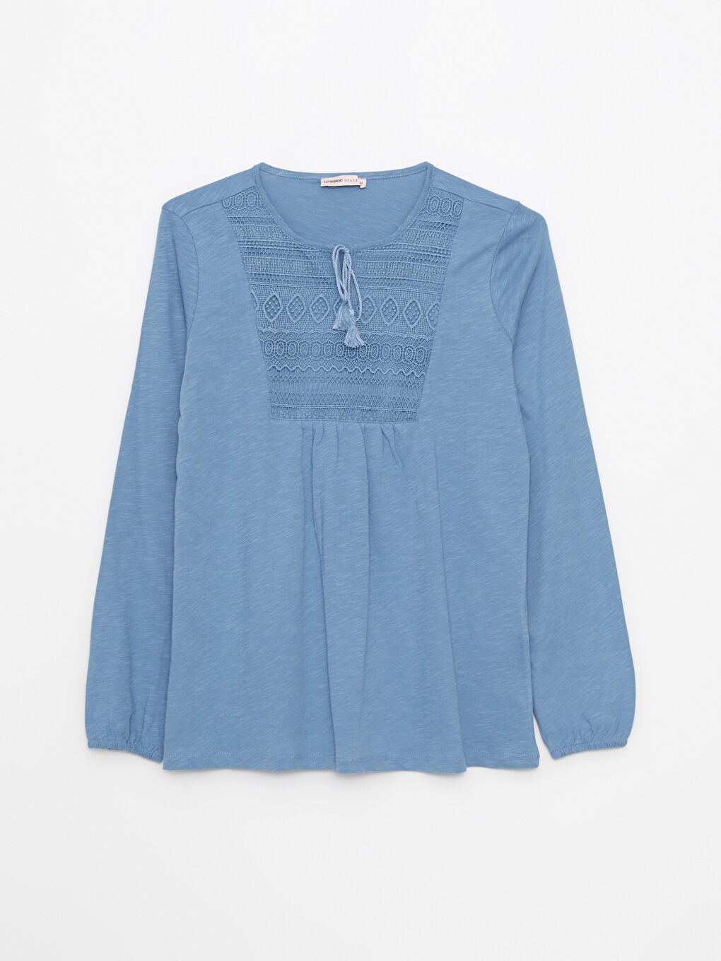 Mavi Bağlamalı Yaka Nakışlı Uzun Kollu Kadın Bluz-5