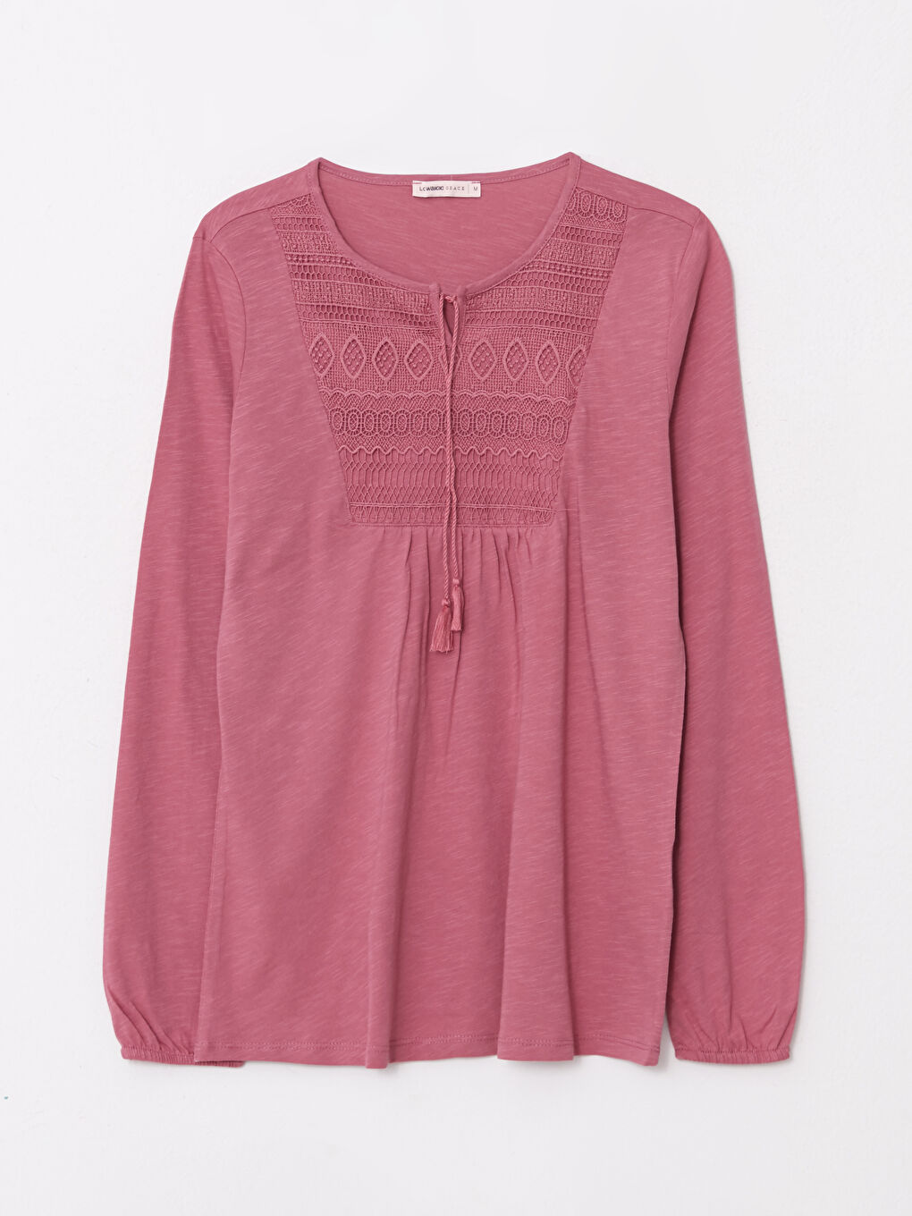 Pembe Bağlamalı Yaka Nakışlı Uzun Kollu Kadın Bluz-5