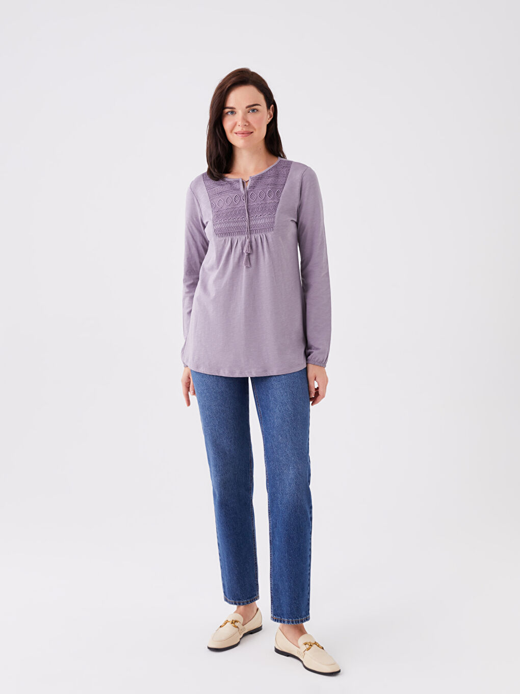 Tie Neck Embroidered Long Sleeve Women's Blouse-1