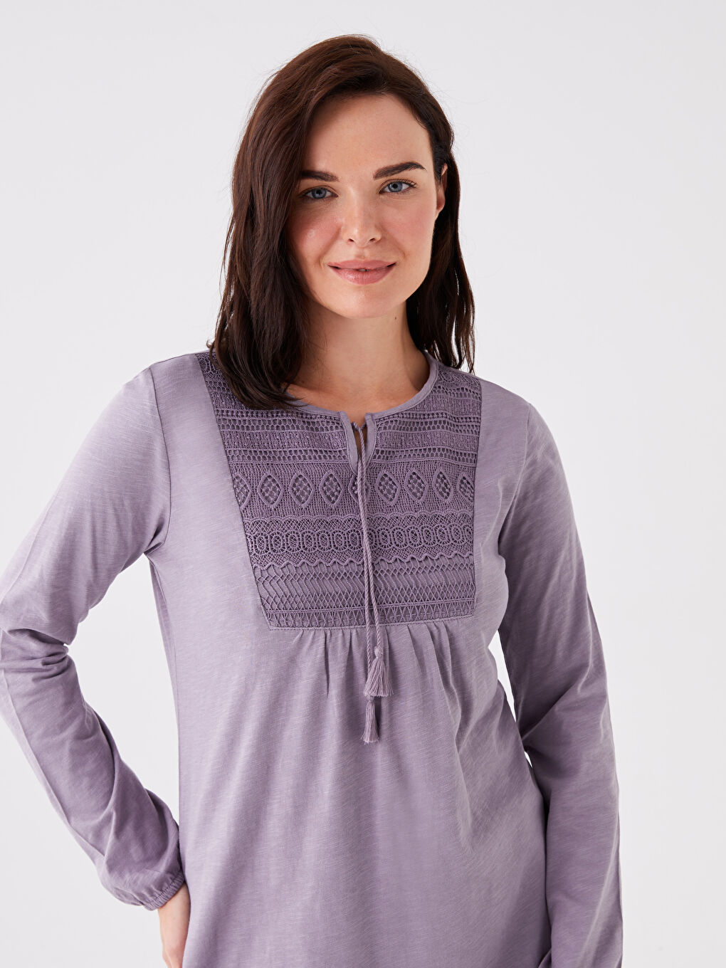 Tie Neck Embroidered Long Sleeve Women's Blouse-2